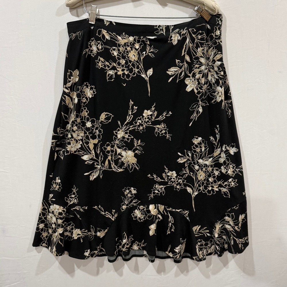 Alfred Dunner Petite Large Black Tan Floral Ruffle Hem A-Line Skirt PL